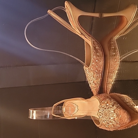 RENE' CAOVILLA  beige leather satin pony hair rinestones  sz 36.5  kitten heels - Picture 2 of 13